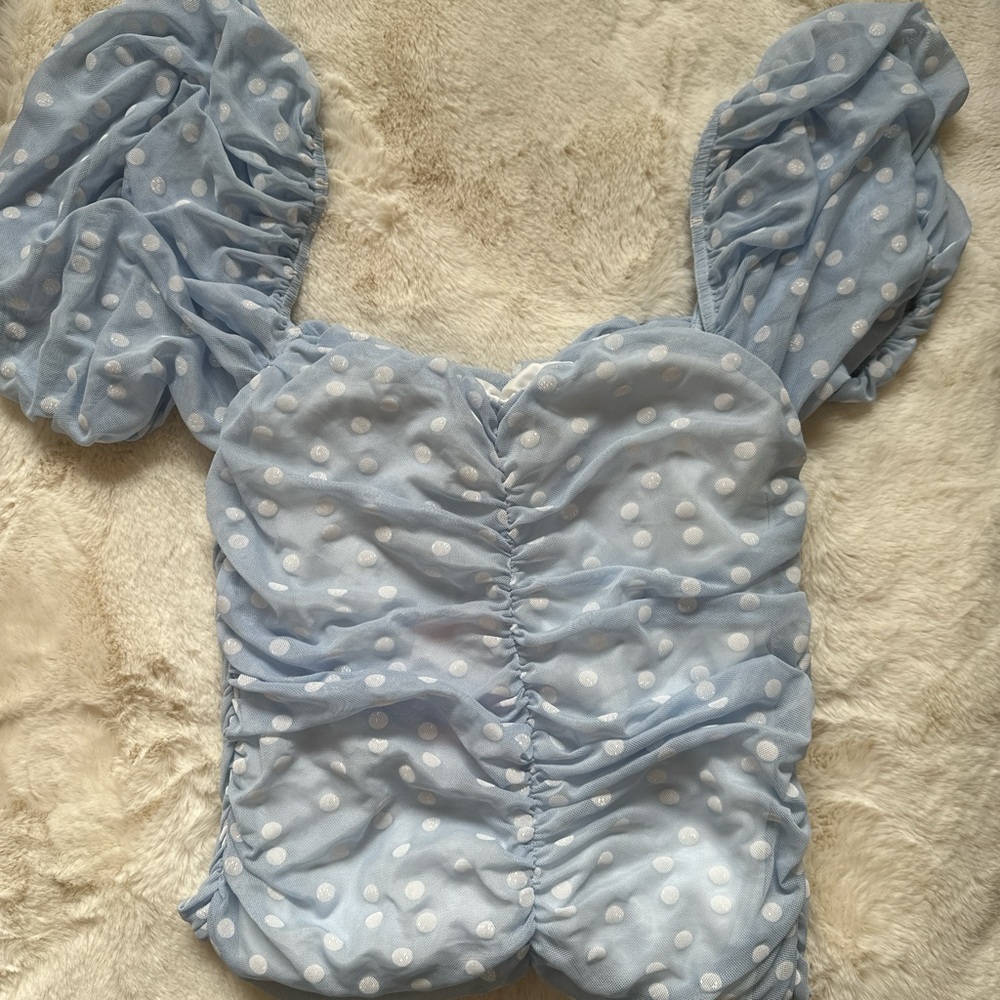 Women’s Light Blue Polka Dot Ruched Puff Sleeve Dress